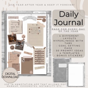 Digital Daily Journal | hyperlinked undated planner | realistic and minimal looking notebook | GoodNotes, Notability | Bonus Stickers