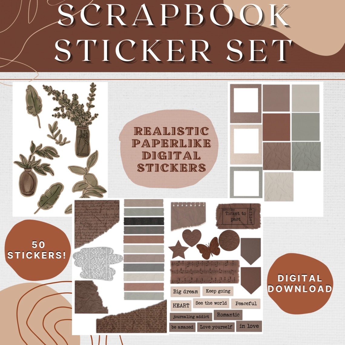 Digital Scrapbook Sticker Set of 50 Realistic Paperlike Etsy