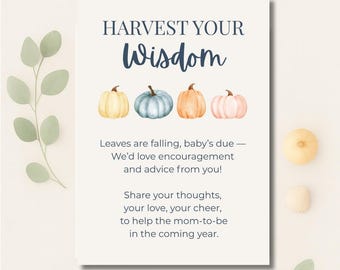 Cosecha tu sabiduría: Paquete de tarjetas con consejos para baby shower de calabaza, tarjetas sin forro + letrero, actividad imprimible para baby shower de otoño, Calabacita