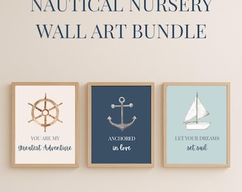 Kustkwekerij Trio muurkunstset, nautische babykamerdecoratie, afdrukbare kunst oceaanthema, babyshowercadeau, 3 maten inbegrepen, direct digitaal