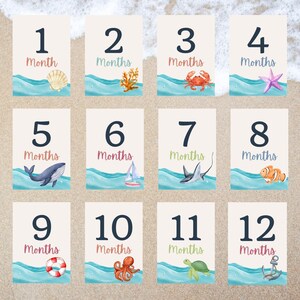 Cartes jalons bébé sous la mer, accessoires photo mensuels nautiques, cadeau de baby shower sur le thème de l'océan, téléchargement numérique, ensemble de marqueurs mensuels pour bébé