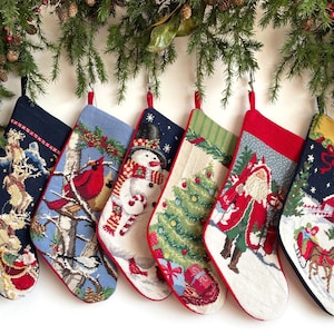 Personalizable Handmade Wool Needlepoint Embroidered Christmas Stocking Ornament,  Classic Heirloom Holiday Décor  - Vintage inspired