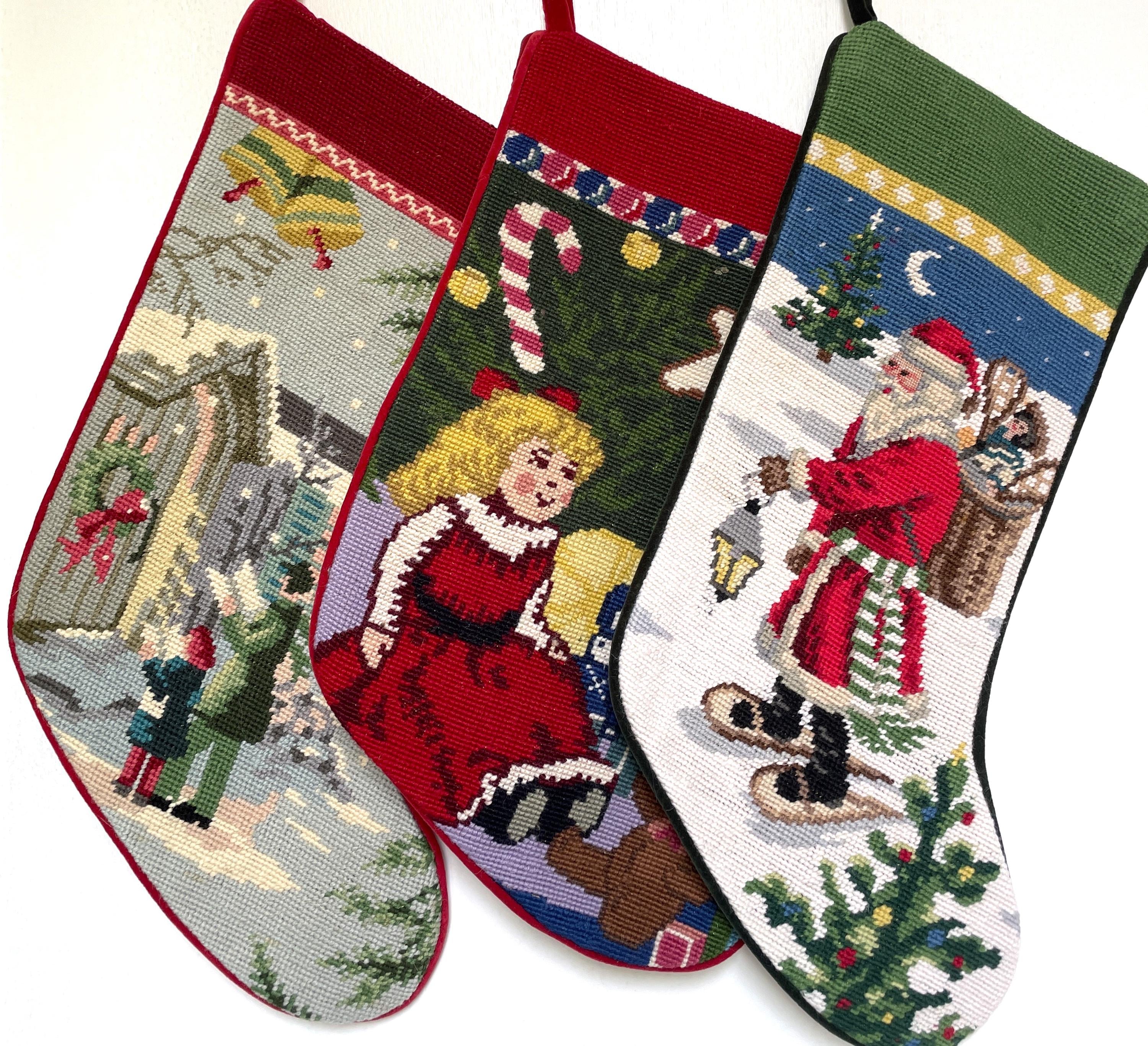 Vintage-Inspired Handmade Wool Needlepoint Embroidered Christmas Stocking, Stocking Ornament, Stocking Gifts, Christmas Decor