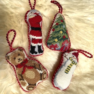 Handmade Stuffed Wool Needlepoint Embroidered Christmas Ornaments, Christmas Home Decor, Tree Decor  - 4 PC Set Unused Vintage