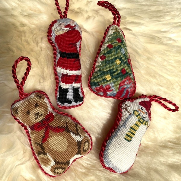 Handmade Stuffed Wool Needlepoint Embroidered Christmas Ornaments, Christmas Home Decor, Tree Decor  - 4 PC Set
