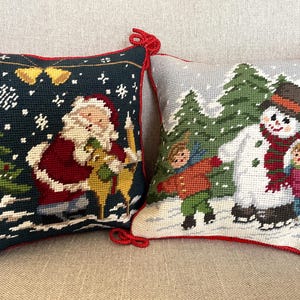 10X10&quot; Small Christmas Handmade Wool Needlepoint Decorative Cushion Cover,  Snowman/Santa Reindeer Embroidery Pillow-- Vintage-inspired