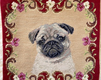 Pug Dog Handmade Wool Needlepoint Decorative Cushion Cover, Dog Pattern Embroidery Pillow