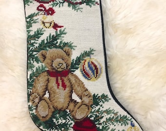 Handmade Teddy Bear Wool Needlepoint Kids Christmas Stocking， Embroidered Ornament, Stocking Gifts - Vintage-inspired