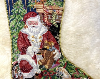Big Size Golden Santa Handmade Wool Needlepoint Embroidered Christmas Stocking,  Stocking Ornament, Stocking Gifts, Christmas Decor