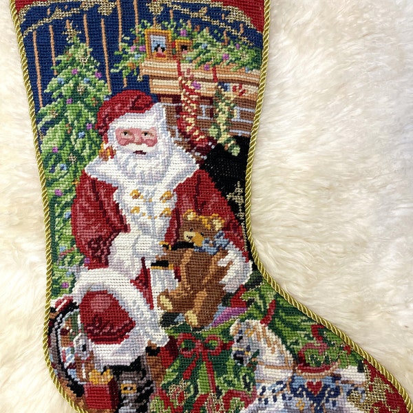 Big Size Golden Santa Handmade Wool Needlepoint Embroidered Christmas Stocking,  Stocking Ornament, Stocking Gifts, Christmas Decor