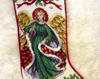 Green Angel Handmade Wool Needlepoint Embroidered Christmas Stocking,  Stocking Ornament, Stocking Gifts, Christmas Decor