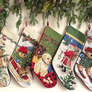 Personalizable Handmade Wool Needlepoint Embroidered Kids Christmas Stocking Ornament,  Classic Heirloom Holiday Décor  - Vintage inspired
