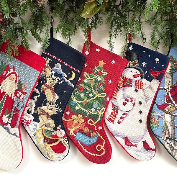 Personalizable Handmade Wool Needlepoint Embroidered Christmas Stocking Ornament,  Classic Heirloom Holiday Décor  - Vintage inspired
