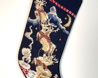 Handmade Wool Needlepoint Embroidered Christmas Stocking Ornament,  Classic Heirloom Holiday Décor  - Vintage inspired