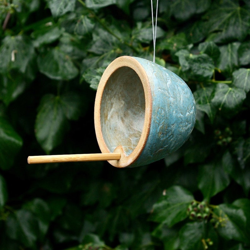 Handmade ceramic bird feeder for small garden birds, including food. image 2