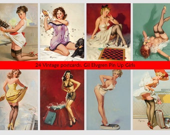 May include: A set of 24 vintage postcards featuring pin-up girls by artist Gil Elvgren. The postcards depict women in various poses and settings, including a woman in a kitchen, a woman in a bedroom, a woman playing checkers, and a woman on a phone. The postcards are printed in color and have a vintage aesthetic.