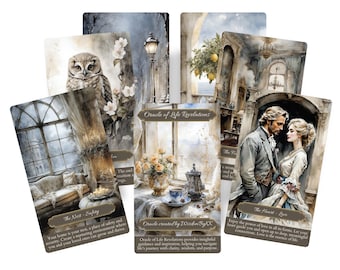 May include: A set of oracle cards with watercolour illustrations. The cards show images of an owl, a couple, and interior scenes. Text on the cards includes "Oracle of Life Revelations" and card titles such as "The Nest - Safety" and "The Heart - Love."