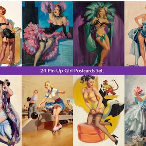 24 Vintage Pin Up Girls Postkarten Set. Elegant und verspielt