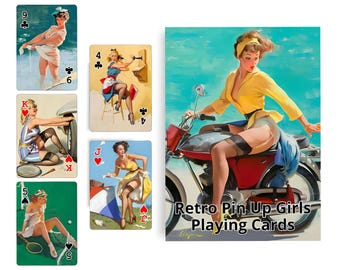 Cartas de póker y bridge de chicas pin-up retro. Baraja de 54 cartas.
