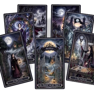 Puede incluir: Una colección de siete cartas de tarot rectangulares con ilustraciones oscuras de inspiración gótica que muestran paisajes a la luz de la luna, figuras con túnicas y puertas ornamentadas. Las cartas incluyen etiquetas de texto como 0 The Fool, All Saints' Night Tarot y I The Magician.