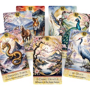 May include: A collection of I-Ching Oracle cards featuring watercolor illustrations of Asian nature scenes. The cards depict a golden dragon, a tiger, a peacock, and a crane, with cherry blossoms and mountain landscapes. The text on the cards includes "Creative Force" and "Grace".