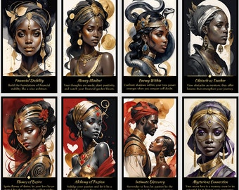 May include: Eight illustrated cards with a black background and gold accents. Each card features a different person with a unique headpiece and a short description of the card's meaning. The card titles are: Financial Stability, Money Mindset, Enemy Within, Obstacle as Teacher, Flames of Desire, Alchemy of Passion, Intimate Discovery, and Mysterious Connection.