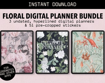Floral digital planner bundle // 3 undated, hyperlinked digital planners + 51 pre-cropped digital stickers