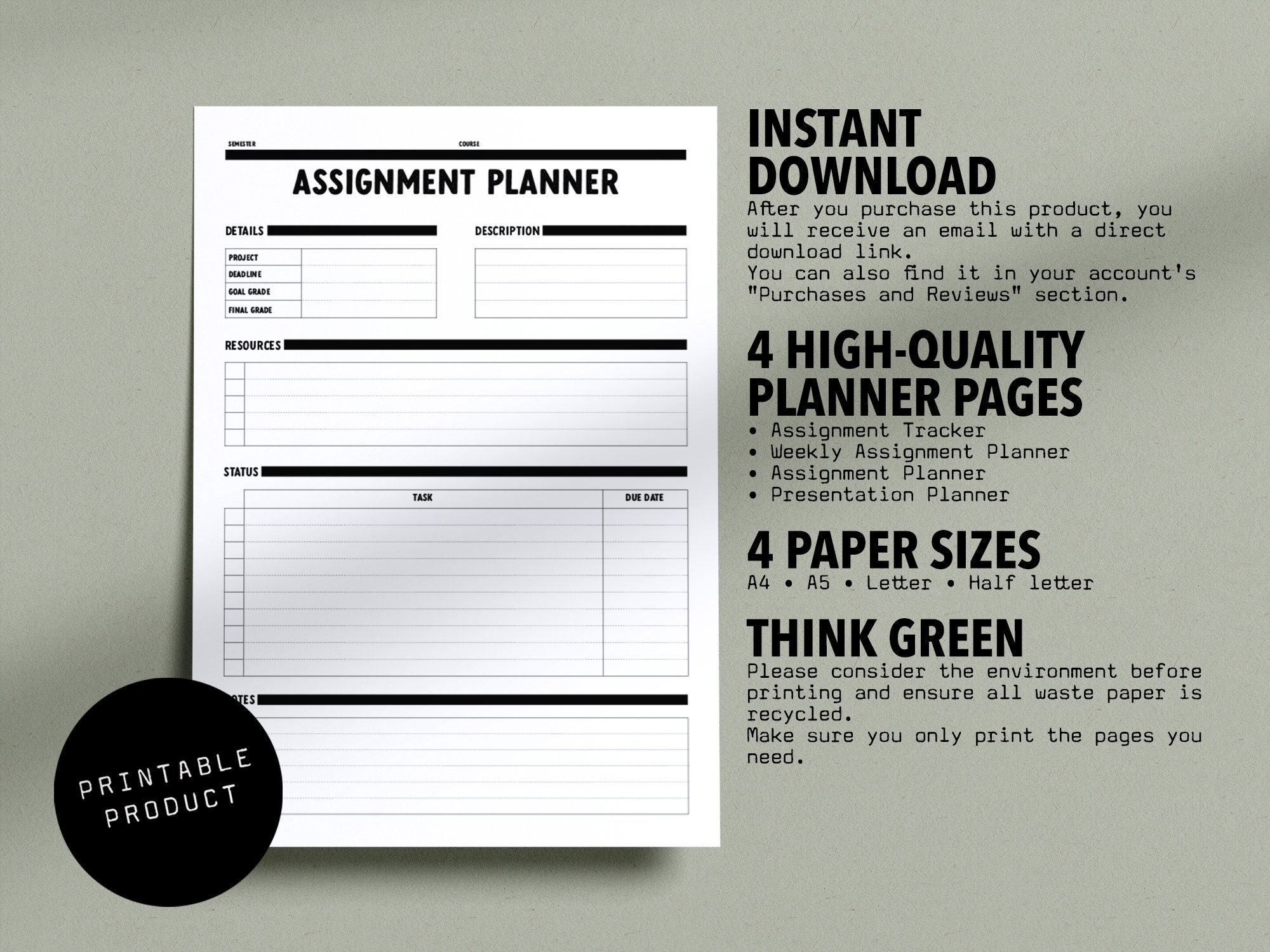 Printable Academic Assignment Planner Pages for Students // A4 + A5 ...