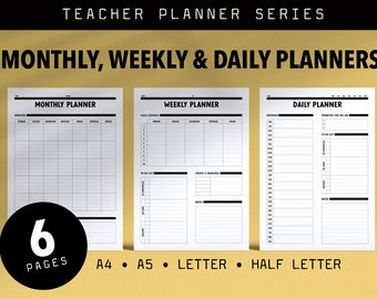 Printable Monthly, Weekly and Daily Planner Pages for Teachers // A4 + A5 + letter + half-letter