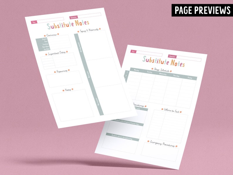 Sub Plan Note Fillable Printable Substitute Plan, Substitute Notes and Substitute ...