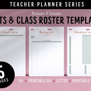 Op de afbeelding: Vijf printbare pagina's voor een lerarenplanner in A4- en letterformaat. De pagina's bevatten een testresultaattracker, een leeslijst en een aanwezigheidstracker. De pagina's zijn wit met grijze en roze accenten.