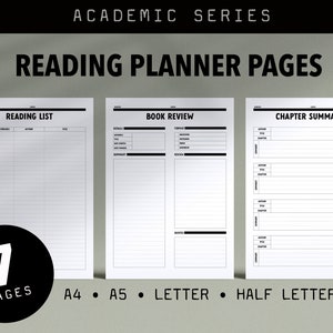 May include: A set of 7 printable reading planner pages in black and white. The pages include a reading list, book review, and chapter summary. The text "ACADEMIC SERIES" and "READING PLANNER PAGES" is at the top of the image. The text "A4 • A5 • LETTER • HALF LETTER" is at the bottom of the image.