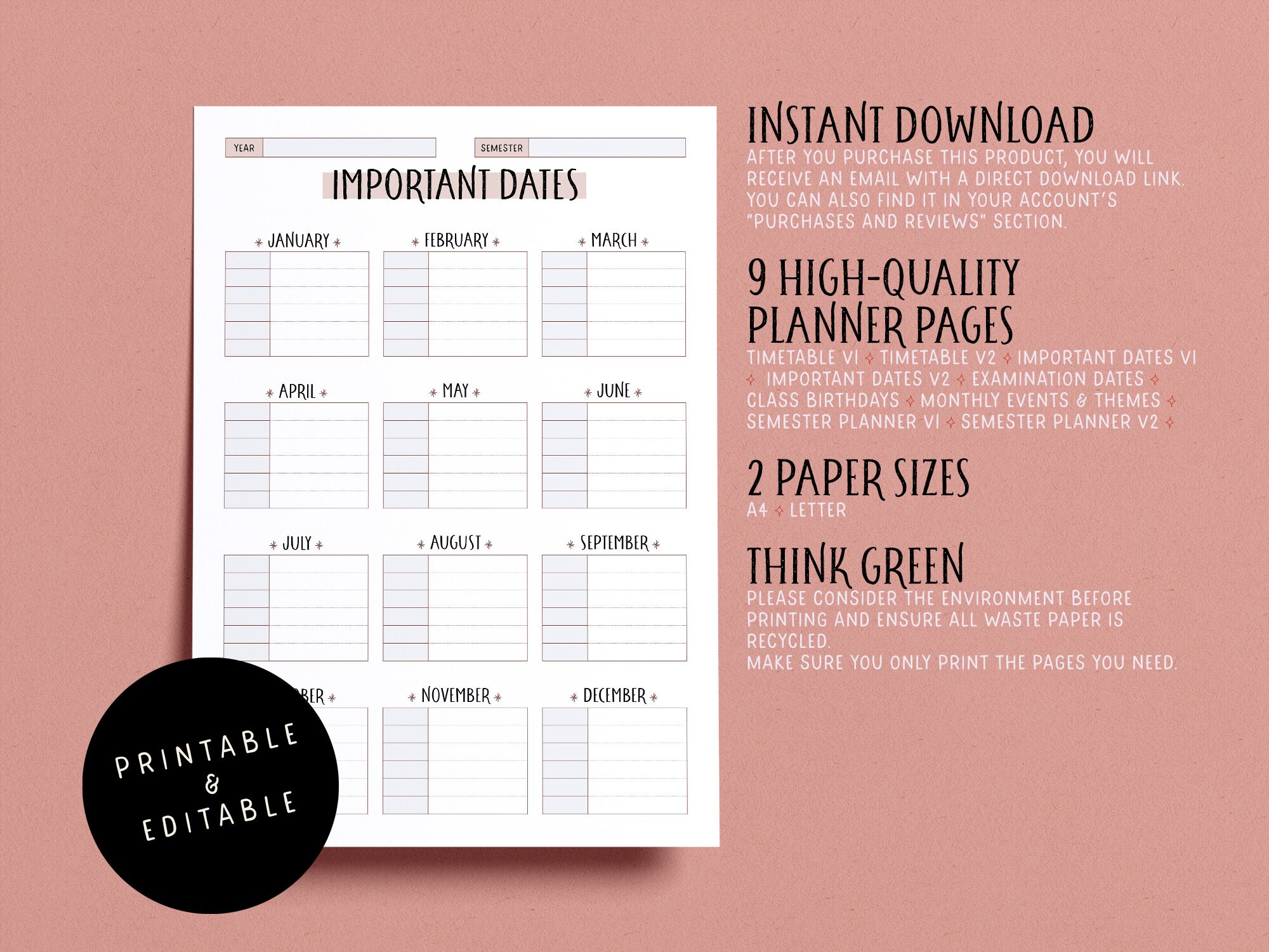 Fillable Printable Semester Planner Pages for Teachers // 9 Pages // A4 ...