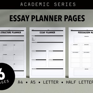 May include: Six printable pages for essay planning, including a peel structure planner, an essay planner, and a persuasion map. The pages are designed for A4, A5, letter, and half letter sizes.