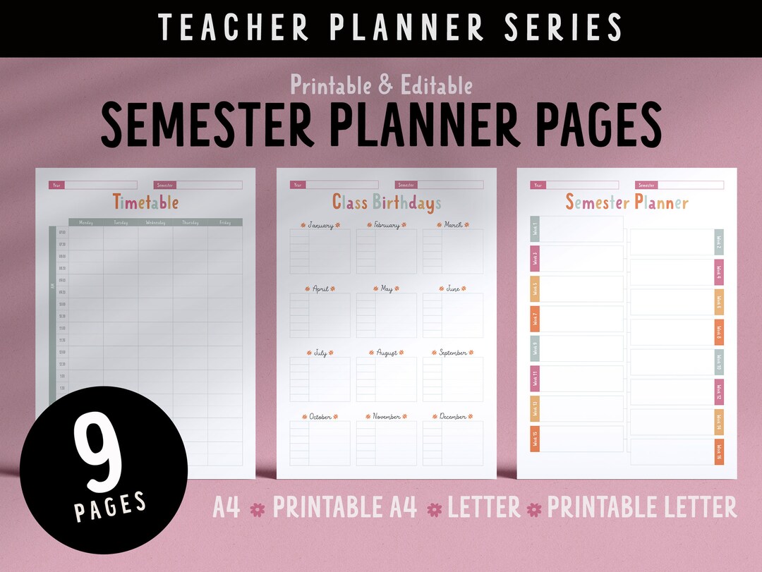 Fillable Printable Semester Planner Pages for Teachers // 9 Pages // A4 ...