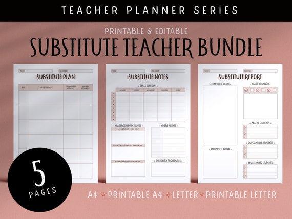 Fillable Printable Substitute Plan, Substitute Notes and Substitute Report Pages for Teachers // A4 + editable A4 + letter + editable letter