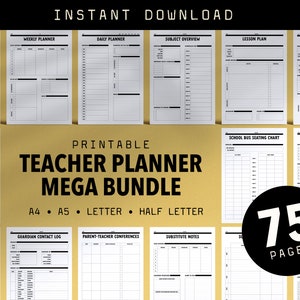 Paquete de planificador imprimible para profesores // 75 páginas // A4 + A5 + carta + media letra