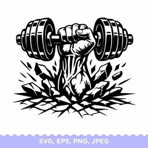 May include: Black and white illustration of a muscular arm and hand gripping a dumbbell, breaking through a surface. The dumbbell has multiple weight plates. The image is a graphic design for fitness or gym-related products.