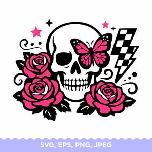 May include: A graphic illustration featuring a central white skull with black outlines, adorned with a vibrant pink butterfly over one eye socket. Three pink roses with black leaves surround the skull, accompanied by a black checkered lightning bolt.