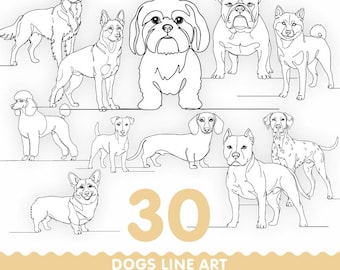Paquete de arte lineal de razas de perros: 30 diseños SVG y PNG minimalistas