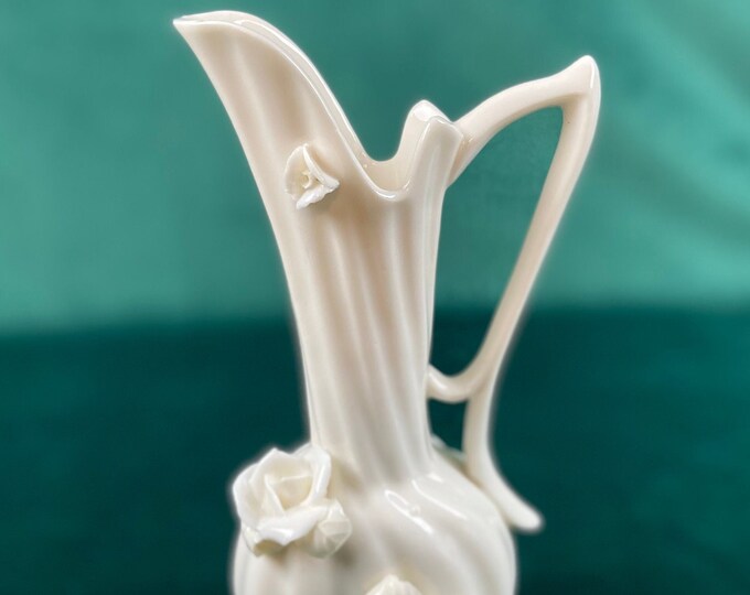 Lefton White Pitcher Vase With Applied White Roses Etsy