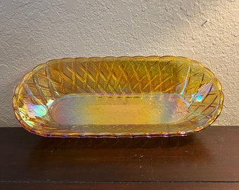 Vintage Indiana Glass Carnival Marigold Lattice Celery Dish