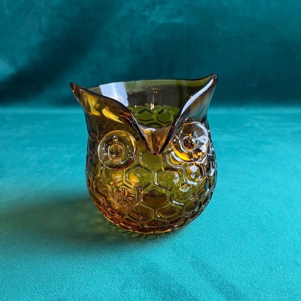 Amber Owl  Honeycomb Pattern with Applied Eyes Glass Vase