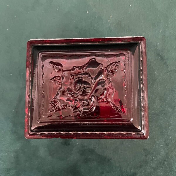 Vintage Ruby Red Rose Jewelry Trinket Box Anchor Hocking