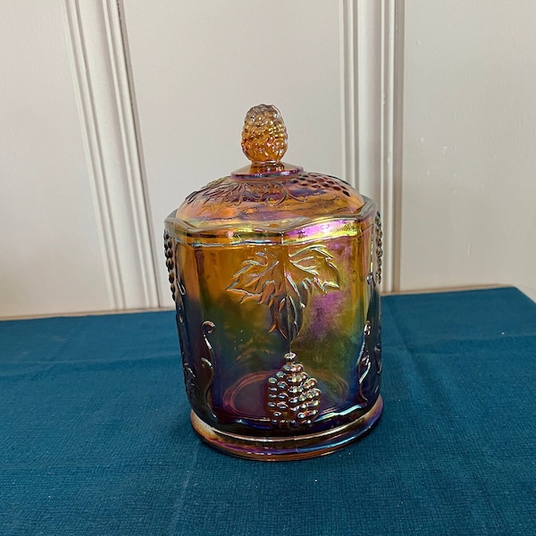 Indiana Glass Iridescent Amber Harvest Grape Carnival Glass Canister