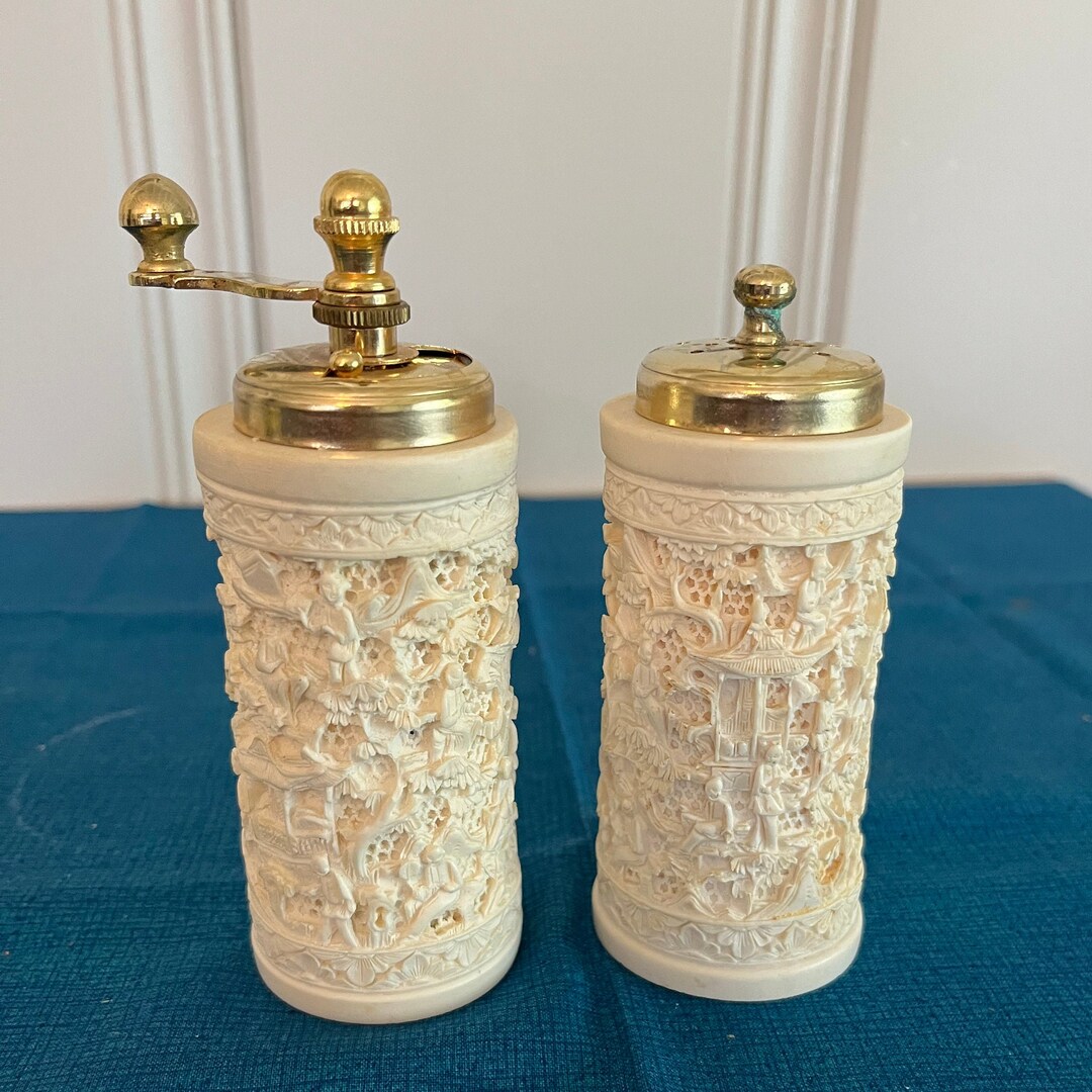 Carved Alabaster Salt Cellar and Pepper Grinder Etsy