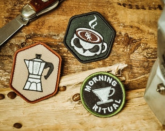 Kaffee Aufnäher, 3 Aufnäher, Kaffee Patches Set, Stickerei Morale Patch, Jackalope Forest