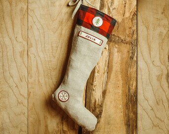 Lumberjack Christmas Stocking, Personalized Christmas Stocking, Christmas Decorations, Linen Stocking, Name Embroidery, Retro Vintage