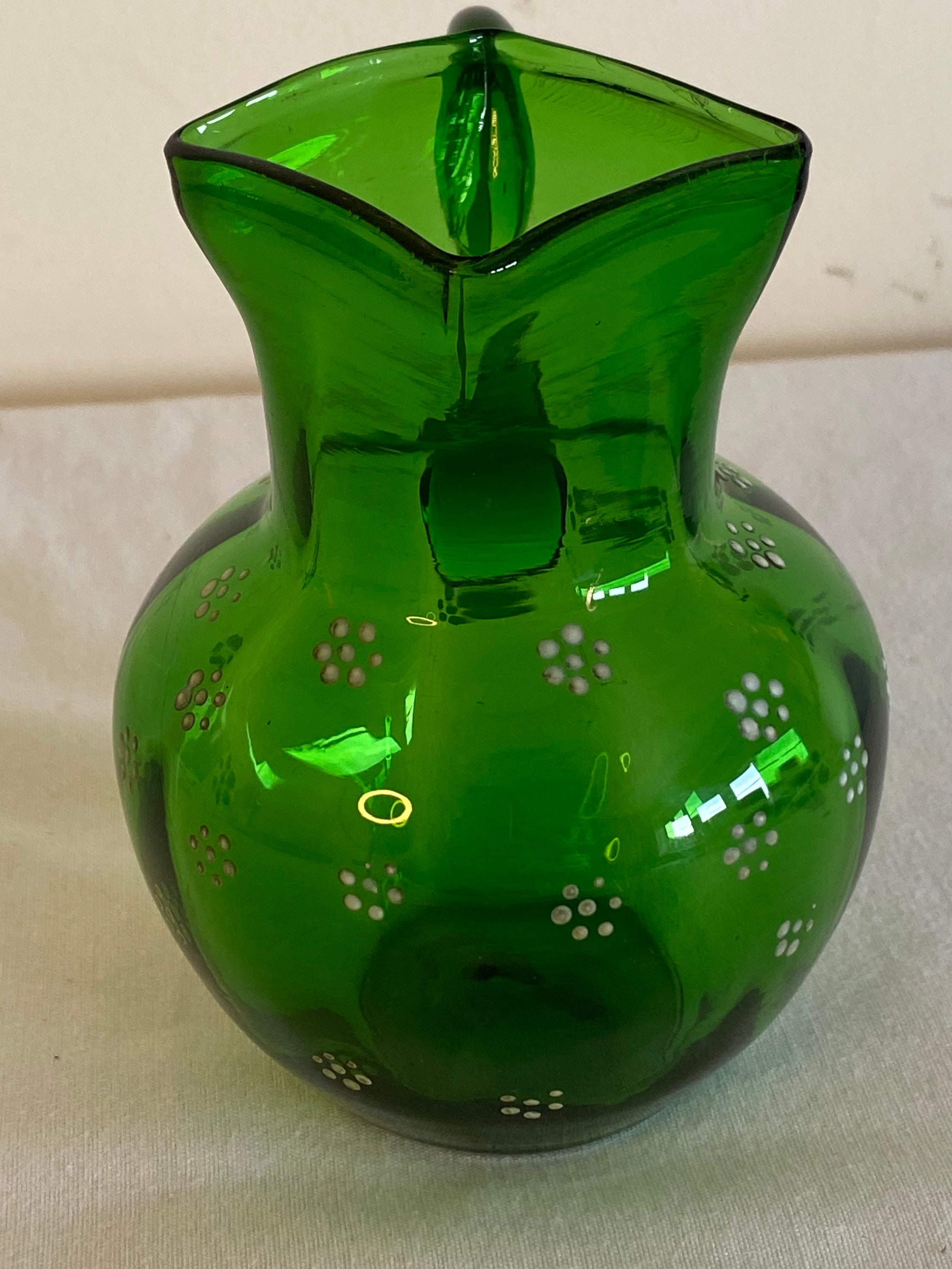 Lovely Antique Hand Blown Enamelled Green Glass Jug Etsy