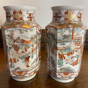 Pair Antique Japanese Satsuma Hexagonal Vases